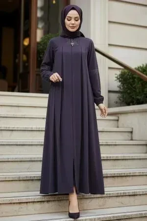 Fermuarlı Koyu Füme Tesettür Abaya 45299KFU 