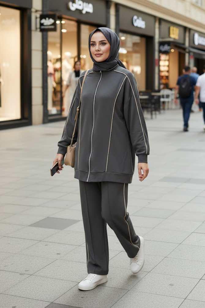 Fermuarlı Koyu Füme Tesettür İkili Takım 13361KFU - N.S NEVA STYLE