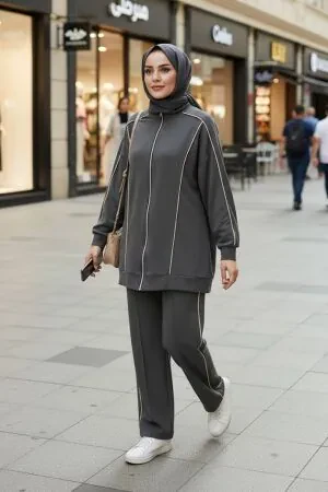 Fermuarlı Koyu Füme Tesettür İkili Takım 13361KFU 