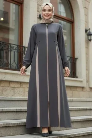 Fermuarlı Koyu Gri Tesettür Ferace 45288KGR 