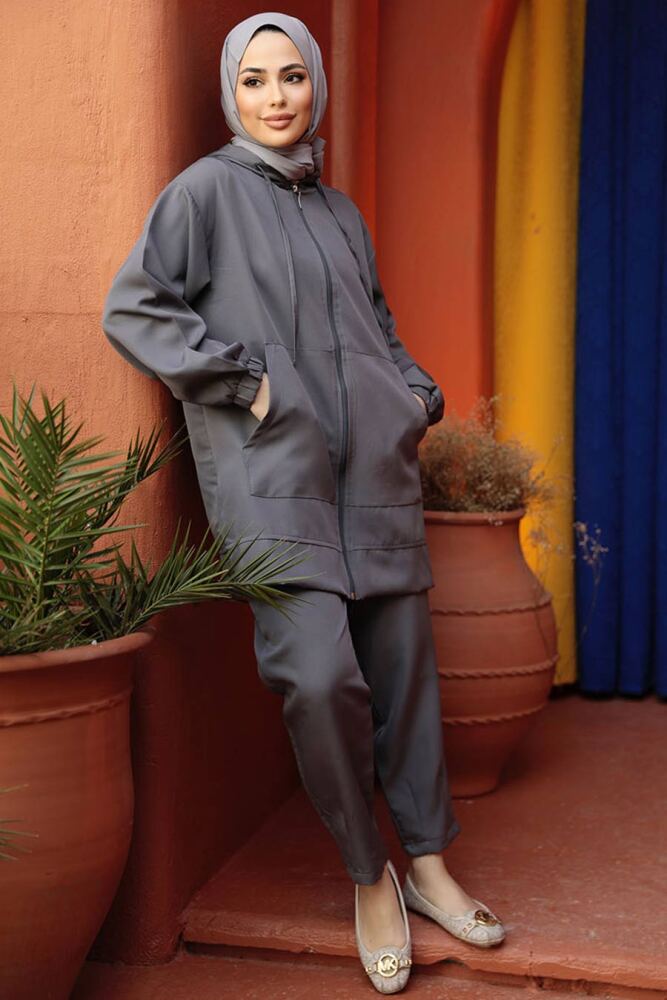 Fermuarlı Koyu Gri Tesettür İkili Takım 10400KGR - 2
