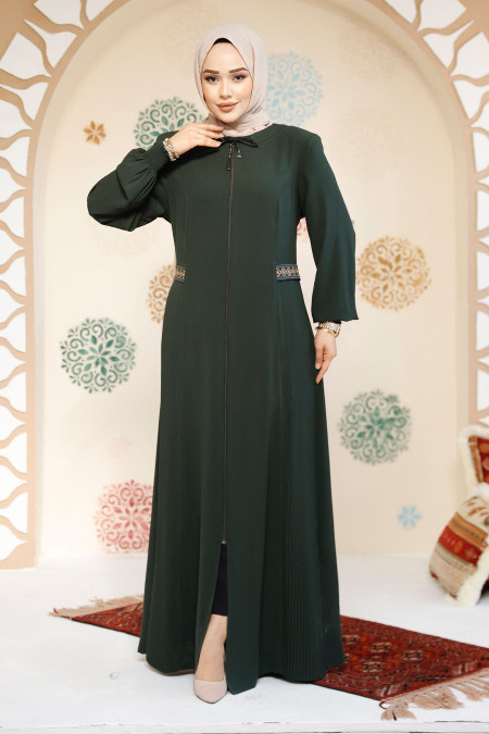 Fermuarlı Koyu Haki Tesettür Abaya 8104KHK - 1