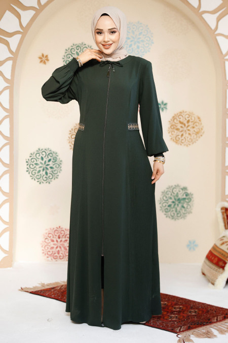 Fermuarlı Koyu Haki Tesettür Abaya 8104KHK - 2