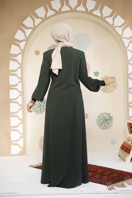 Fermuarlı Koyu Haki Tesettür Abaya 8104KHK - 3