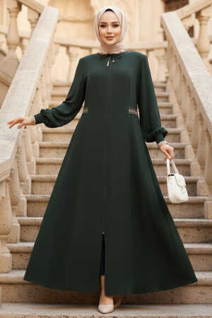 Fermuarlı Koyu Haki Tesettür Abaya 8104KHK - 1