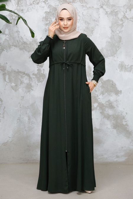 Fermuarlı Koyu Haki Tesettür Abaya 81291KHK - 1