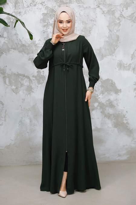Fermuarlı Koyu Haki Tesettür Abaya 81291KHK - 2
