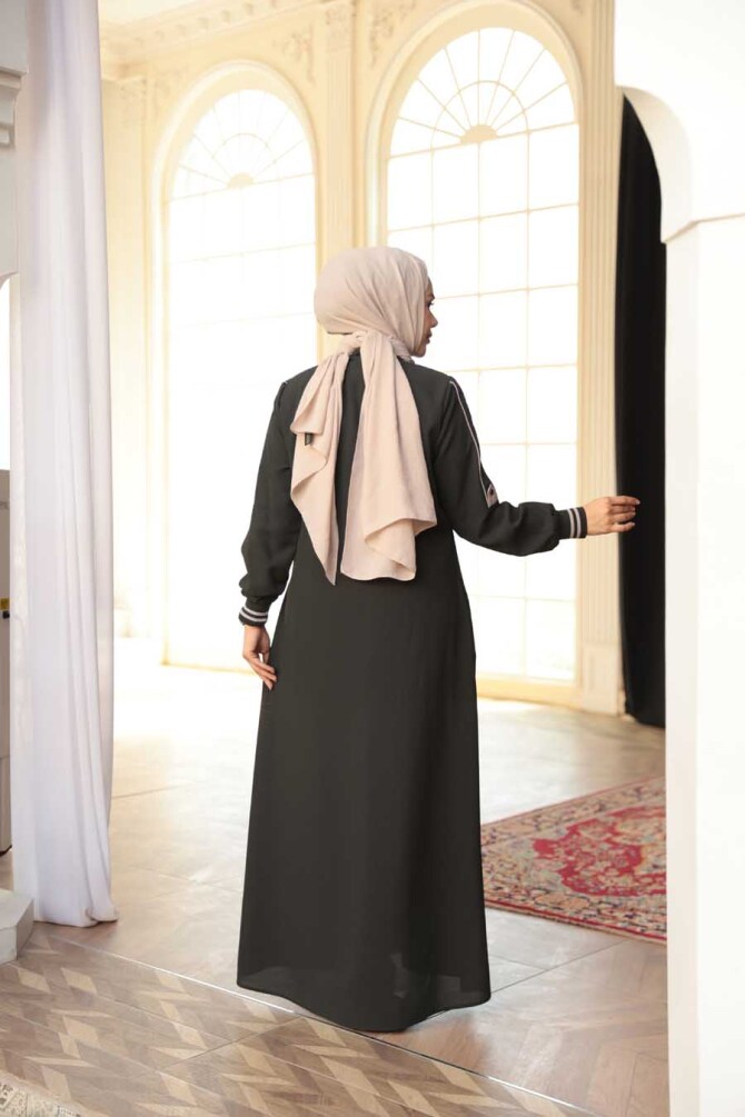 Fermuarlı Koyu Haki Tesettür Ferace 26381KHK - 4