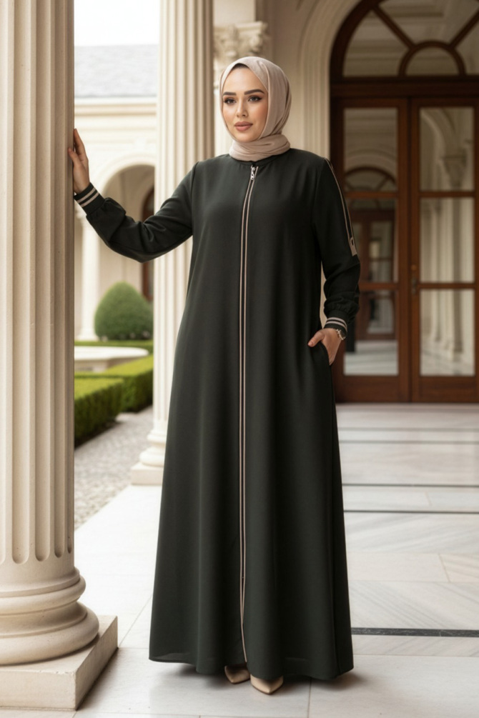 Fermuarlı Koyu Haki Tesettür Ferace 26381KHK - 1