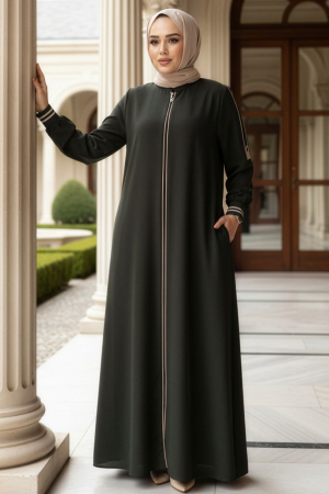 Fermuarlı Koyu Haki Tesettür Ferace 26381KHK 