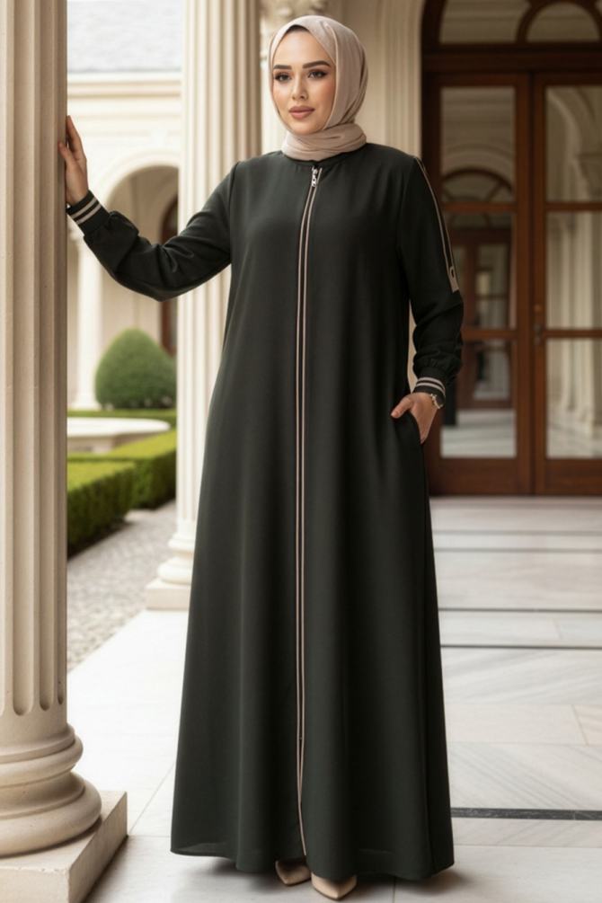 Fermuarlı Koyu Haki Tesettür Ferace 26381KHK - 1