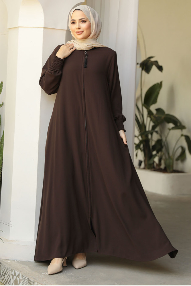 Fermuarlı Koyu Kahverengi Tesettür Abaya 26302KKH - 1
