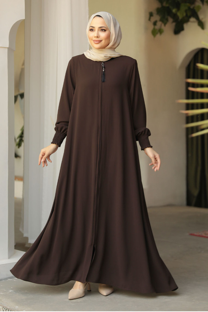 Fermuarlı Koyu Kahverengi Tesettür Abaya 26302KKH - 2