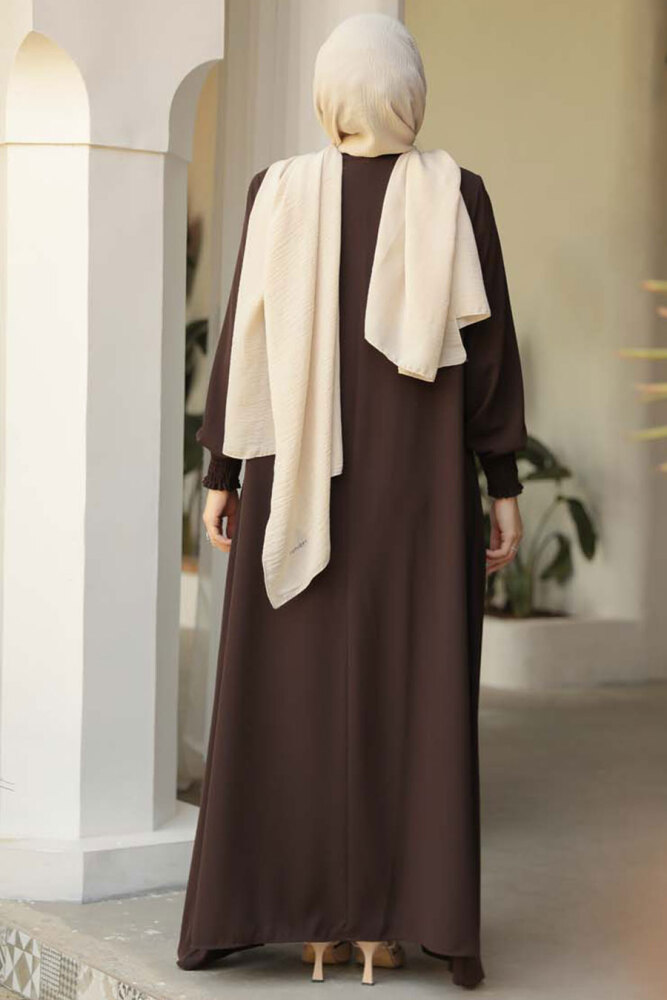 Fermuarlı Koyu Kahverengi Tesettür Abaya 26302KKH - 3