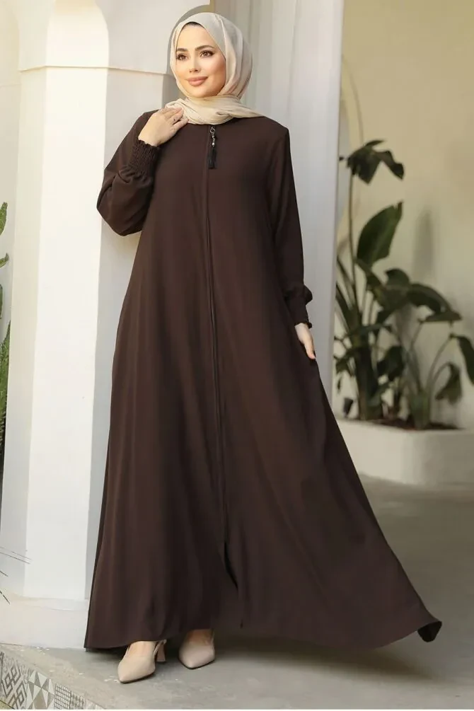 Fermuarlı Koyu Kahverengi Tesettür Abaya 26302KKH - 1