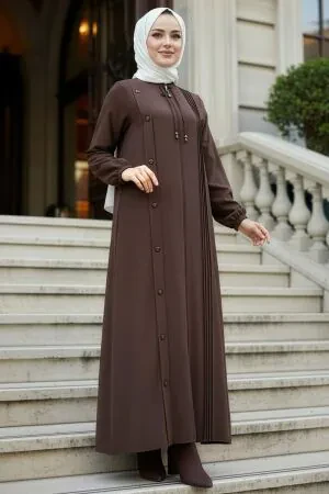 Fermuarlı Koyu Kahverengi Tesettür Abaya 45309KKH 