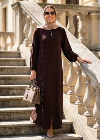 Fermuarlı Koyu Kahverengi Tesettür Abaya 45317KKH - 1