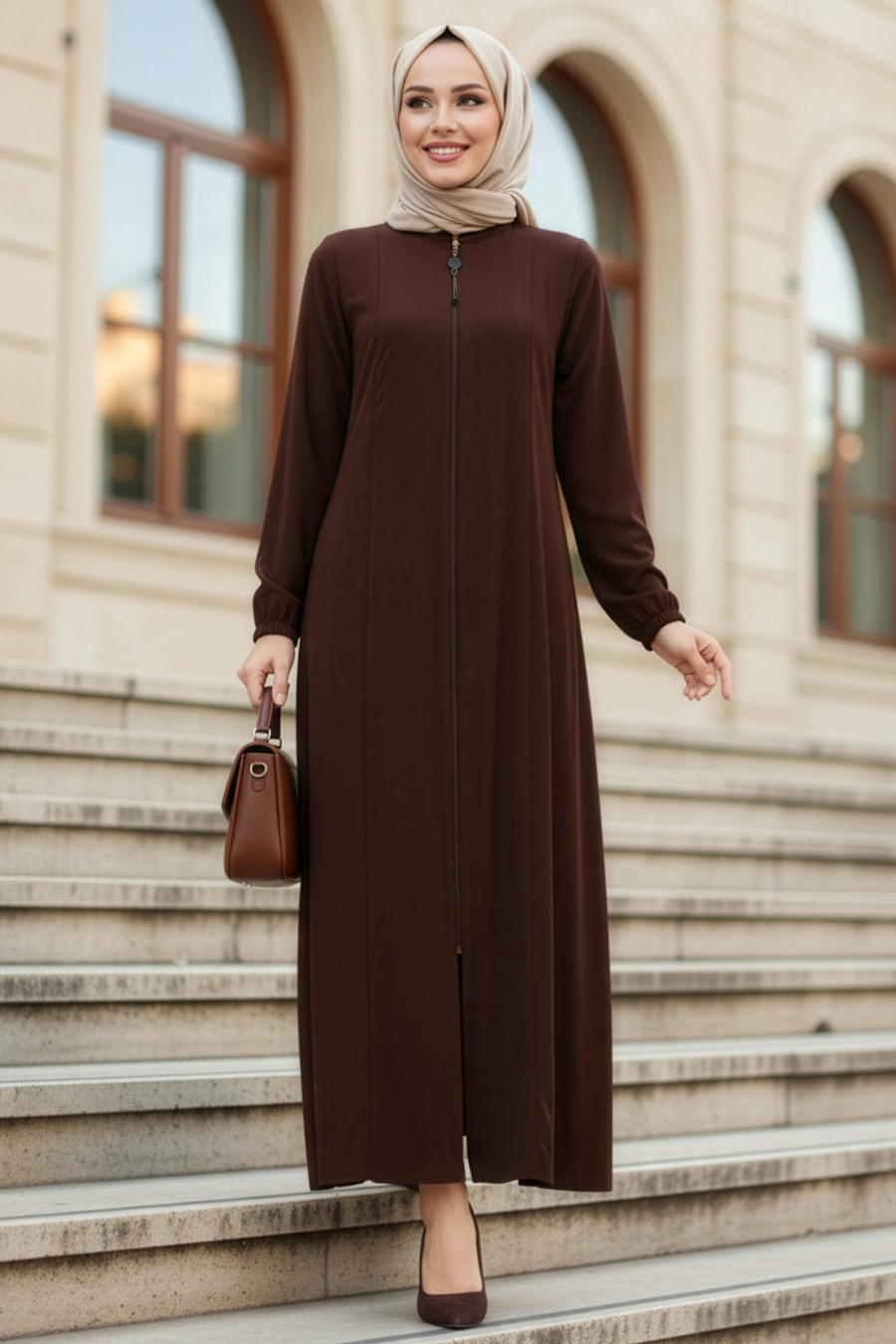 Fermuarlı Koyu Kahverengi Tesettür Abaya 45319KKH