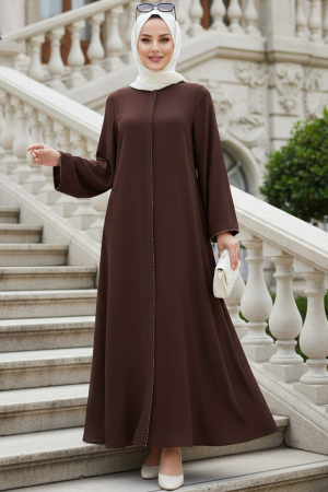 Fermuarlı Koyu Kahverengi Tesettür Abaya 85107KKH - N.S NEVA STYLE