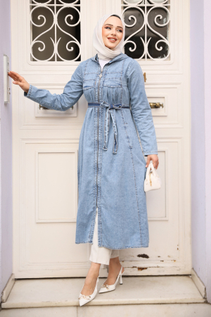 Fermuarlı Koyu Mavi Tesettür Kot Kap 7103KM - 2