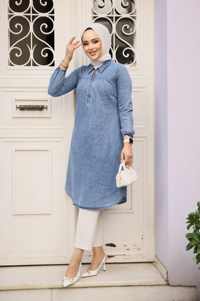 Fermuarlı Koyu Mavi Tesettür Kot Tunik 4673KM - 2