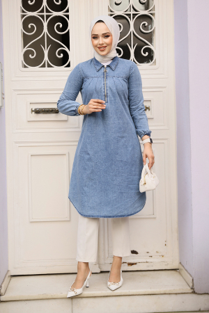 Fermuarlı Koyu Mavi Tesettür Kot Tunik 4673KM - 1