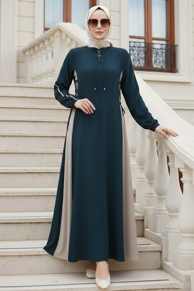 Fermuarlı Koyu Petrol Yeşili Tesettür Ferace 45308KPY - 1