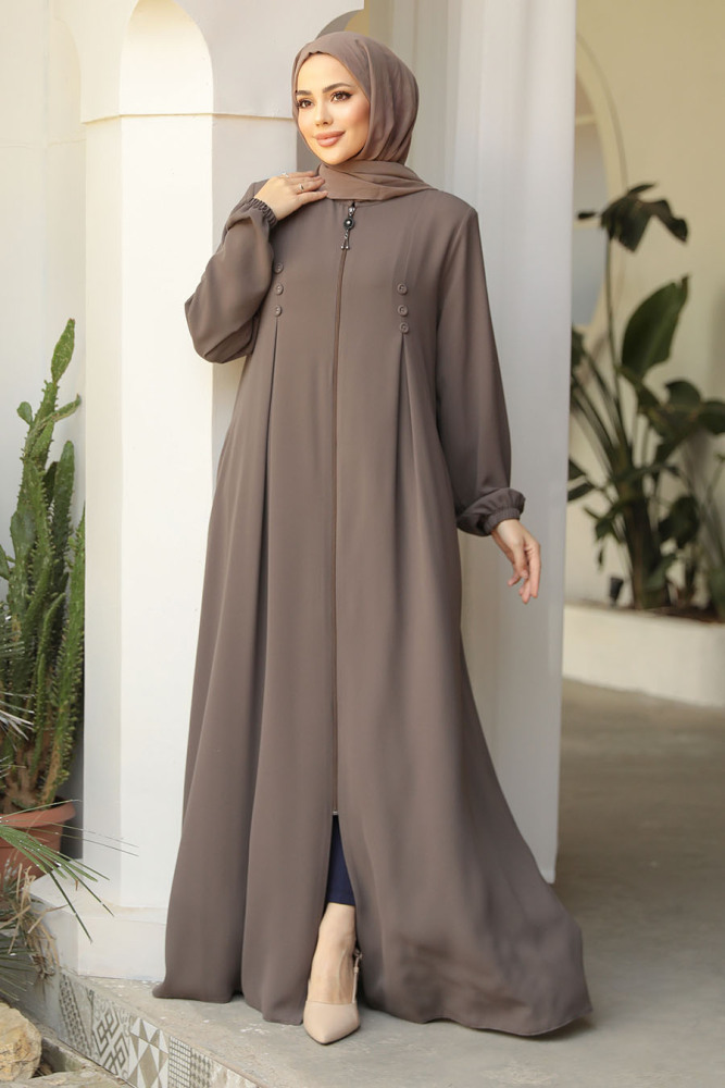 Fermuarlı Koyu Vizon Tesettür Abaya 45282KV - 2