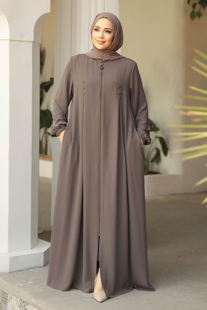 Fermuarlı Koyu Vizon Tesettür Abaya 45282KV - 1