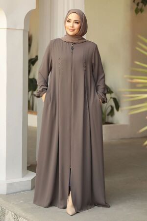 Fermuarlı Koyu Vizon Tesettür Abaya 45282KV 