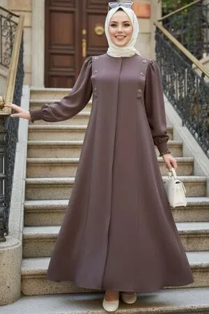 Fermuarlı Koyu Vizon Tesettür Abaya 85106KV - 1