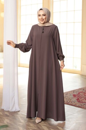 Fermuarlı Koyu Vizon Tesettür Ferace 45287KV 