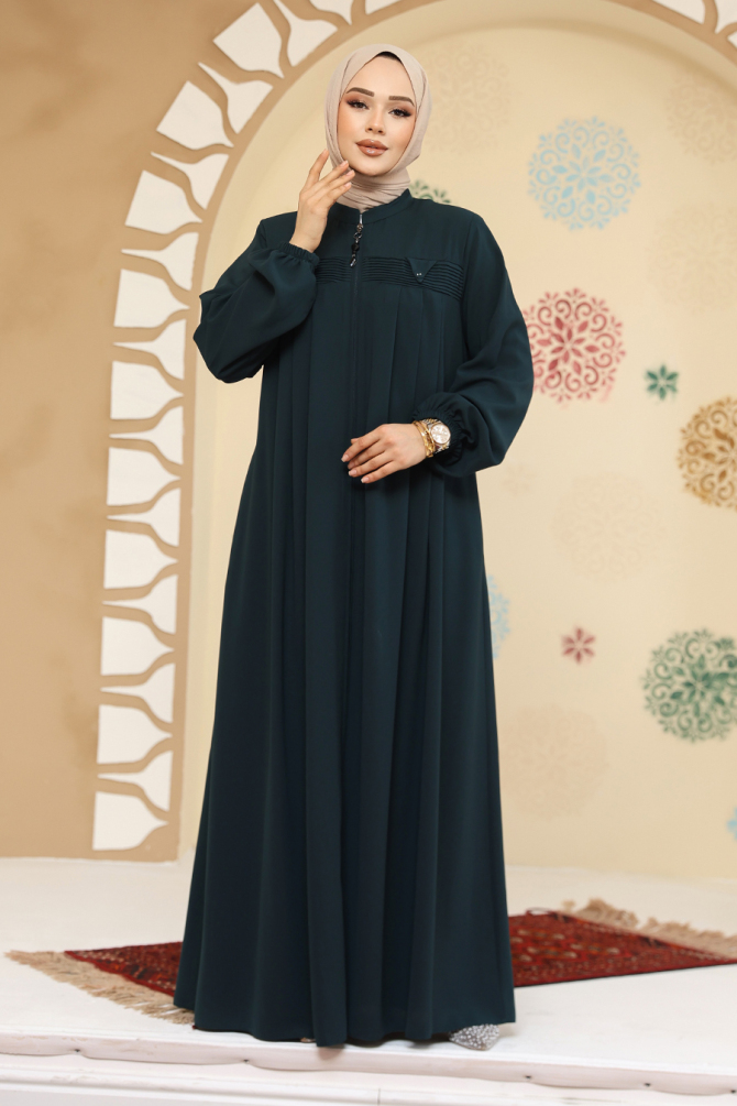 Fermuarlı Koyu Yeşil Tesettür Abaya 45295KY - 3