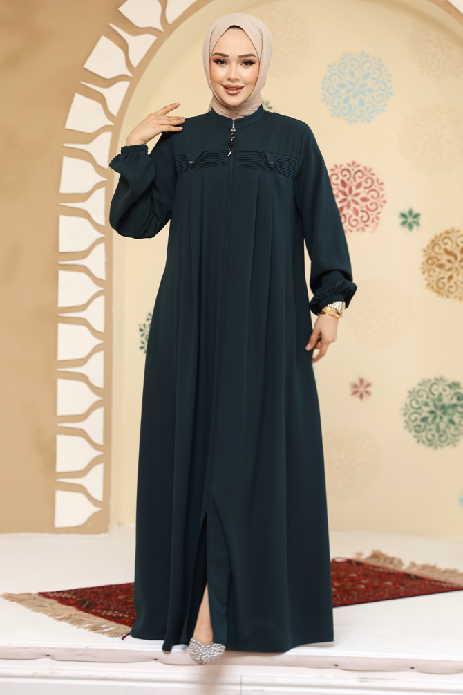 Fermuarlı Koyu Yeşil Tesettür Abaya 45295KY - 4