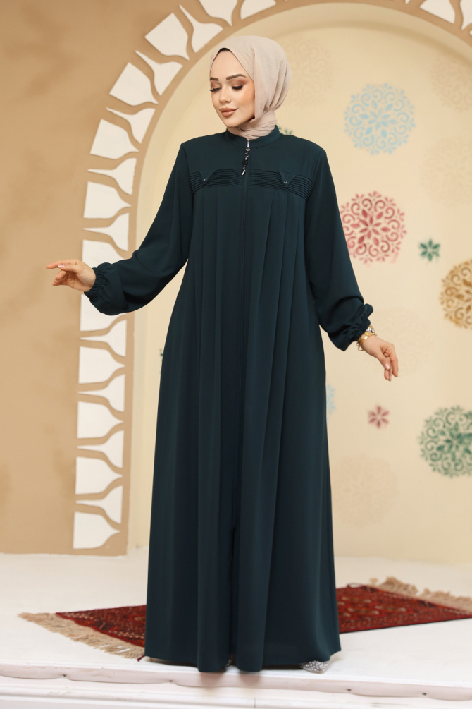 Fermuarlı Koyu Yeşil Tesettür Abaya 45295KY - 2