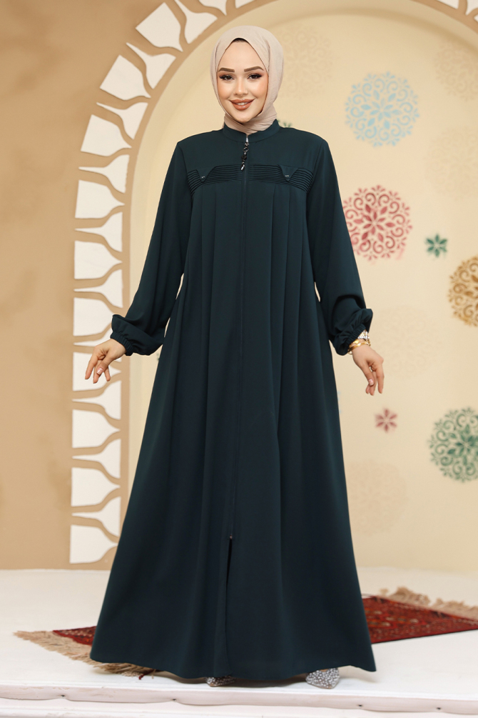 Fermuarlı Koyu Yeşil Tesettür Abaya 45295KY - 1