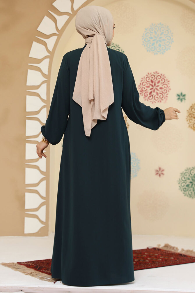 Fermuarlı Koyu Yeşil Tesettür Abaya 45295KY - 5