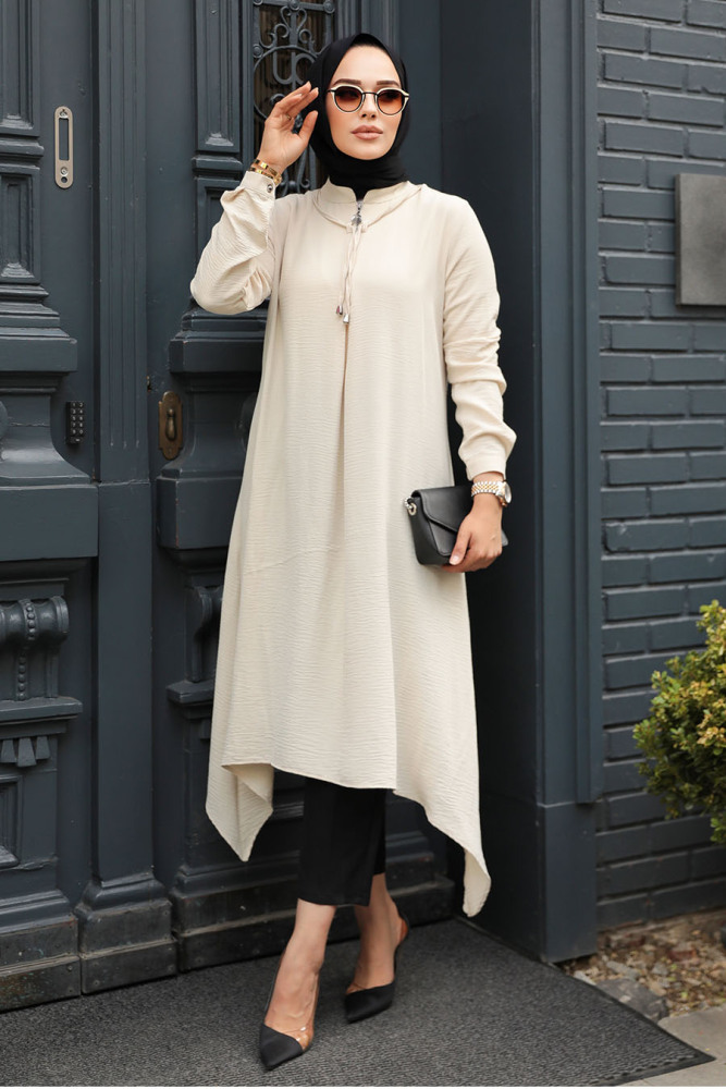 Fermuarlı Krem Tesettür Tunik 479KR - 3
