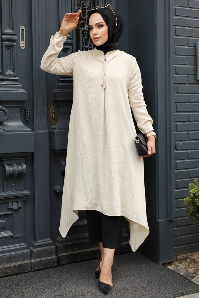 Fermuarlı Krem Tesettür Tunik 479KR - 1