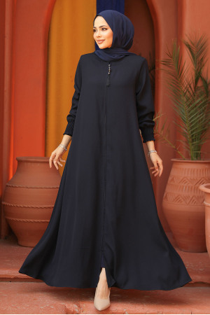 Fermuarlı Lacivert Tesettür Abaya 26302L - 1
