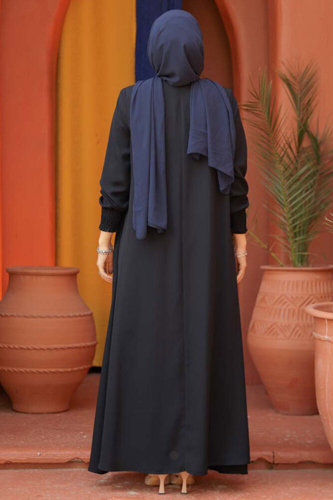 Fermuarlı Lacivert Tesettür Abaya 26302L - 2