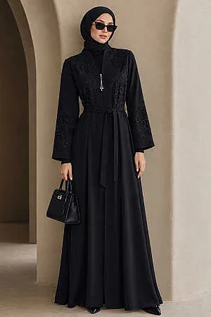 Fermuarlı Lacivert Tesettür Abaya 29139L - 1