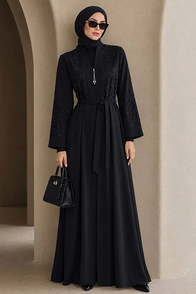 Fermuarlı Lacivert Tesettür Abaya 29139L - 1