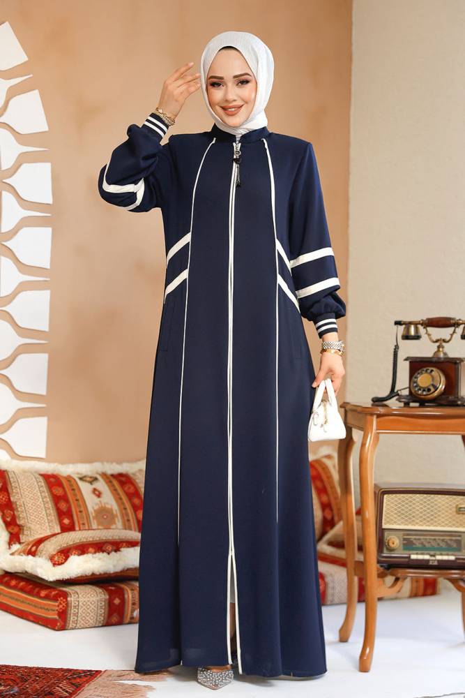 Fermuarlı Lacivert Tesettür Abaya 41566L - 1