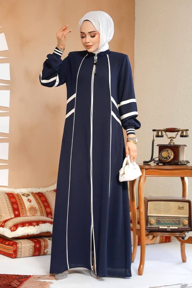Fermuarlı Lacivert Tesettür Abaya 41566L - 2