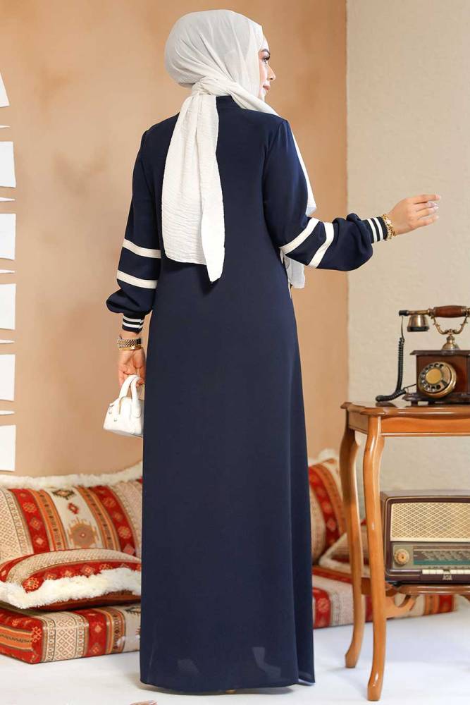 Fermuarlı Lacivert Tesettür Abaya 41566L - 3