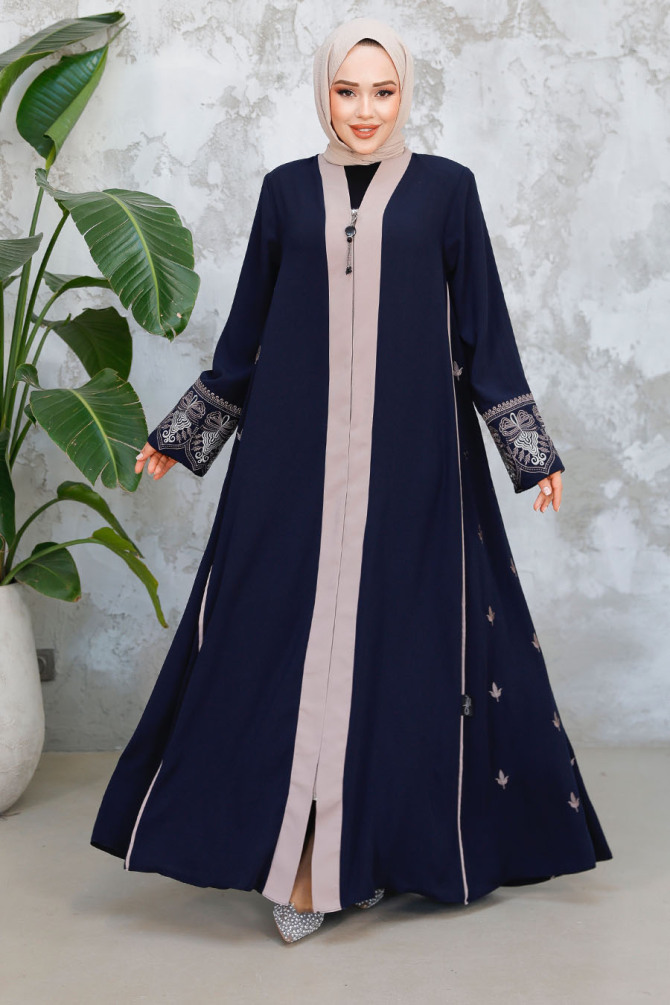 Fermuarlı Lacivert Tesettür Abaya 41568L - 1