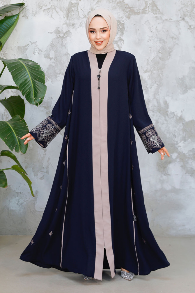 Fermuarlı Lacivert Tesettür Abaya 41568L - 2