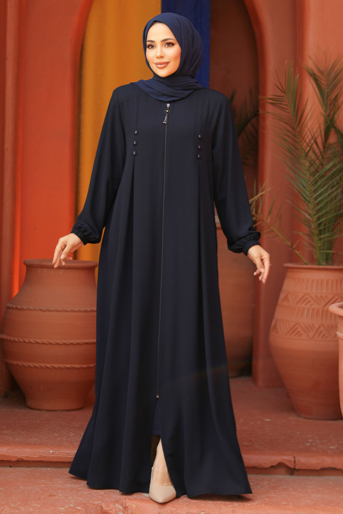 Fermuarlı Lacivert Tesettür Abaya 45282L - 2