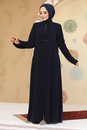 Fermuarlı Lacivert Tesettür Abaya 45298L - 1
